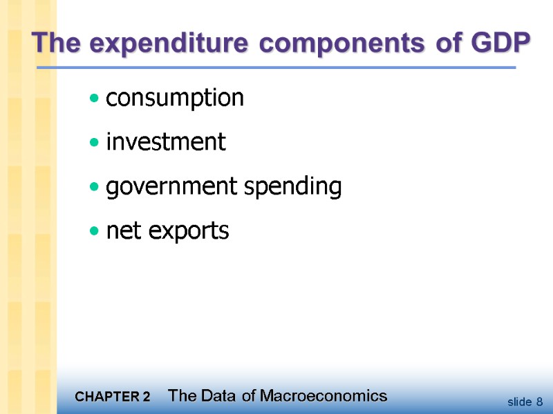 The expenditure components of GDP consumption investment government spending net exports